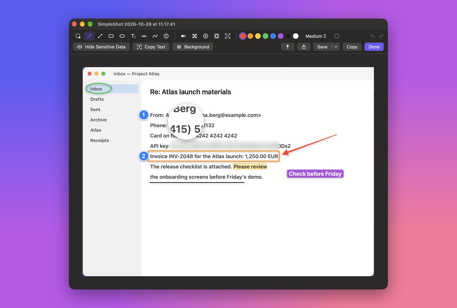 The SimpleShot editor with arrows, numbered steps, a highlight, a text note and a magnifier over an e-mail window