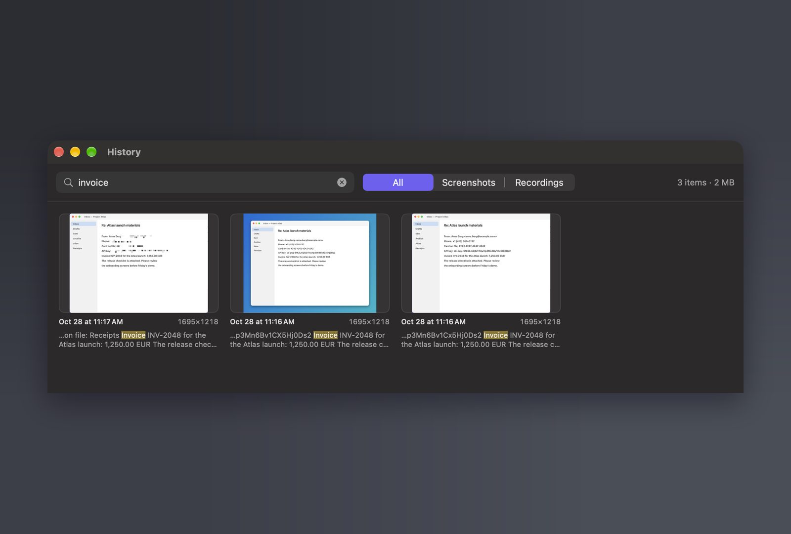 The history window: searching for “invoice” finds the captures where the word appears, with the matching line highlighted