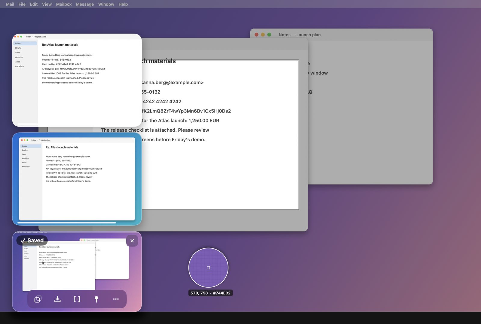 Thumbnails of three captures stacked in the corner of the screen, one showing Copy and Save