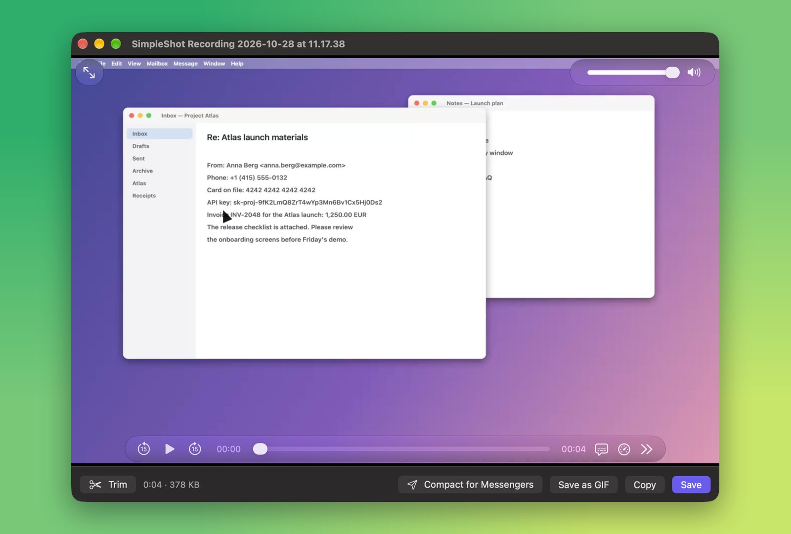A finished recording with Trim, Compact for Messengers, Save as GIF, Copy and Save